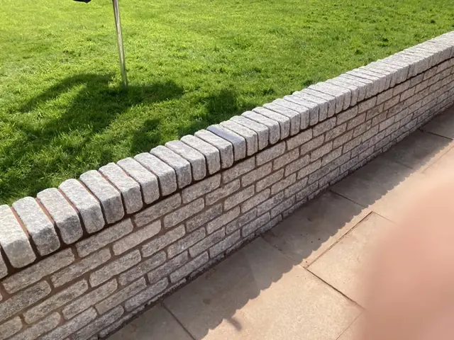 Garden wall with brick-on-edge coping beside a slabbed path